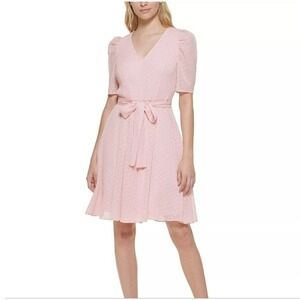 Tommy Hilfiger Women's Pink Chiffon Swiss Dot Fit & Flare Dress 12